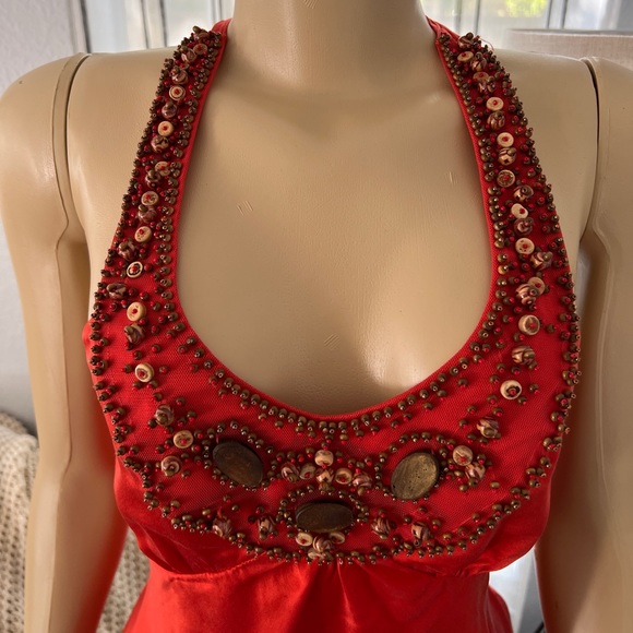 BCBGMaxAzria Red Orange Halter Neck Silk Top Shirt Size L Large - Picture 2 of 14
